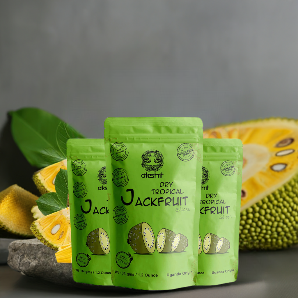 Three green packages of Jackfruit with jackfruit slices and leaves on a gray background