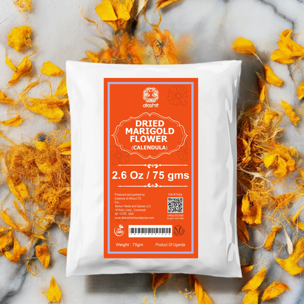 Packaged Akshit dried marigold flower on a marble surface with scattered marigold flowers.