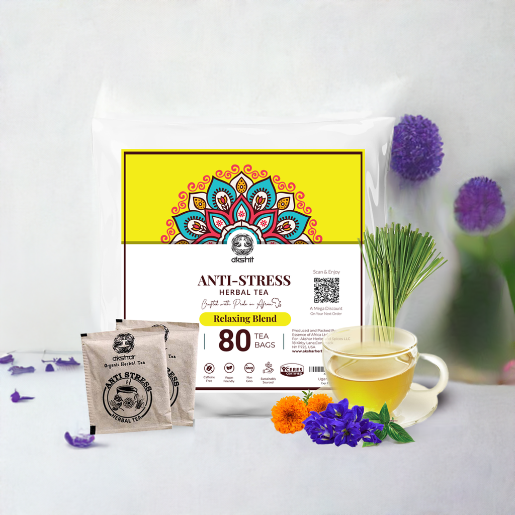 Anti-stress herbal tea packaging with a cup of tea and flowers on a white background
