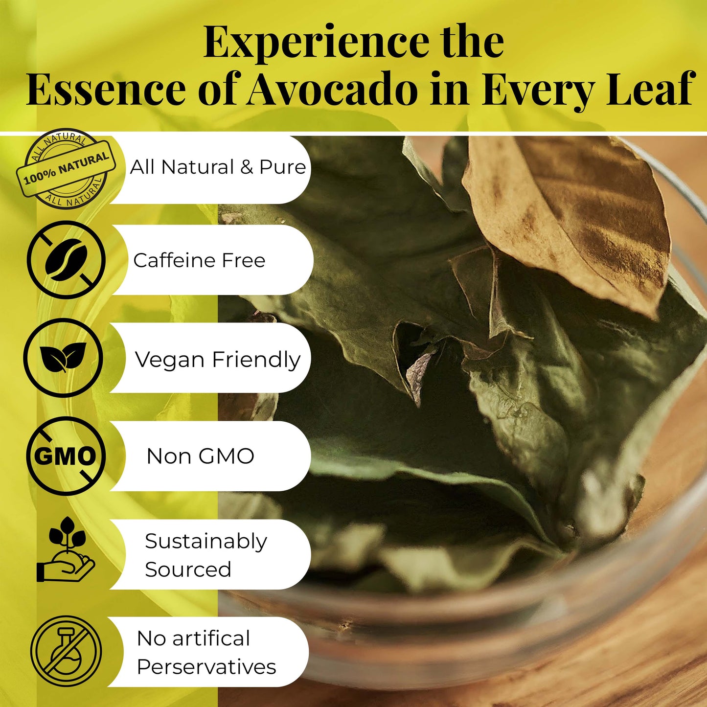 Experience the Essence of Avocado in Every Leaf.
- 100% Natural & Pure
- Caffeine Free
- Vegan Friendly
- Non GMO
- Sustainably Sourced 
- No artificial Preservatives  
100% natural Dried Avocado leaves ((hojas de eucalipto)