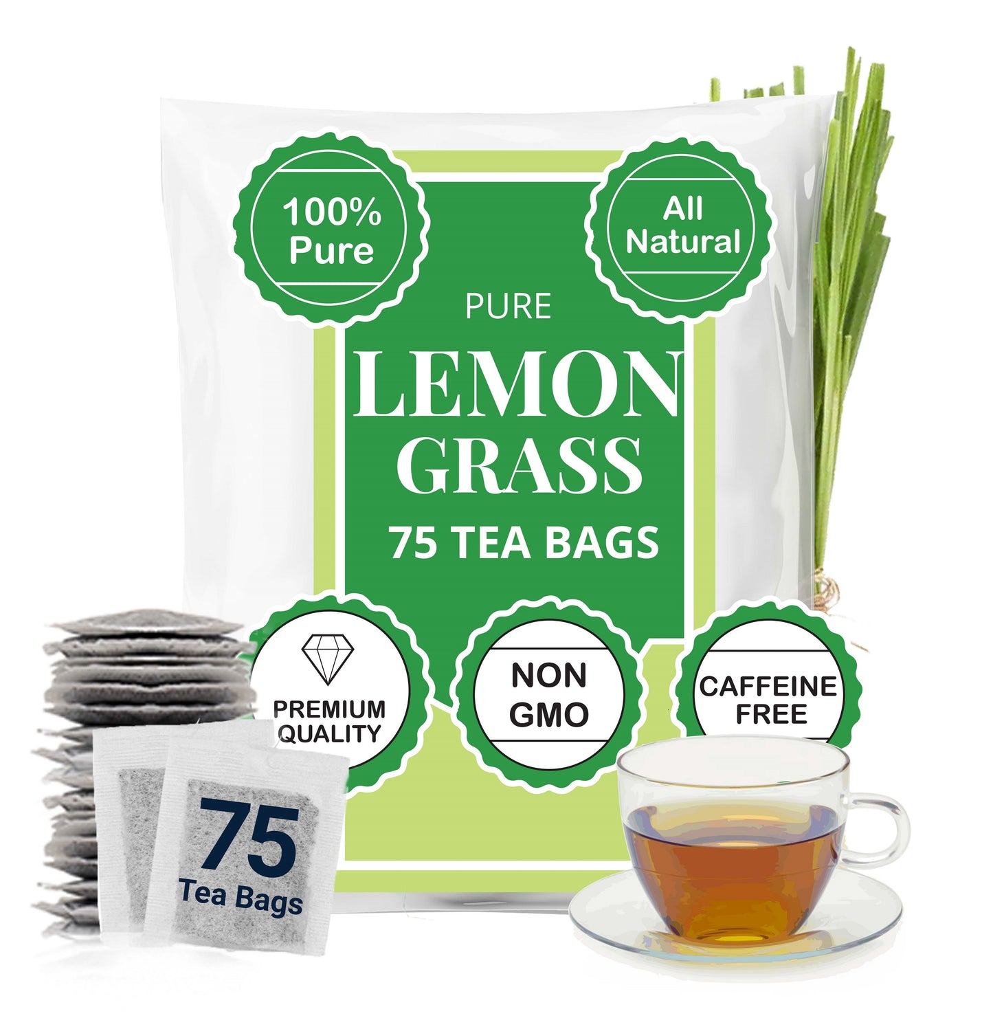 Packaging of Akshit Lemongrass Tea showing 75 tea bags, fresh lemongrass leaves, and a cup of brewed tea with labels emphasizing the product's features such as 100% pure, non-GMO, caffeine-free, and all-natural.
