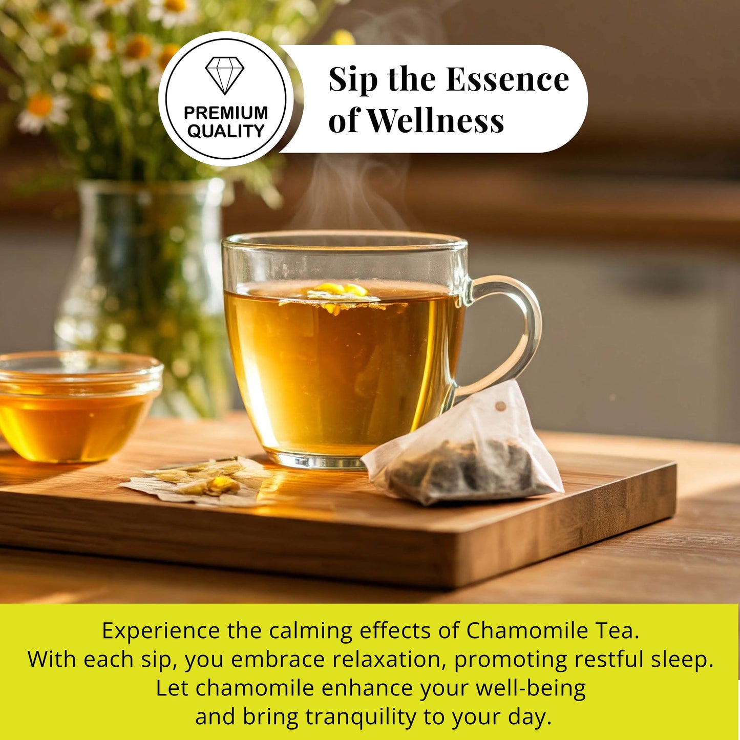 Hot chamomile tea with tea bag
PREMIUM QUALITY . Sip the Essence of wellness .
Experience the calming effects of chamomile tea. With each sip, you embrace relaxation, promoting restful sleep. Let chamomile enhance  your well-being and bring tranquility to your day.