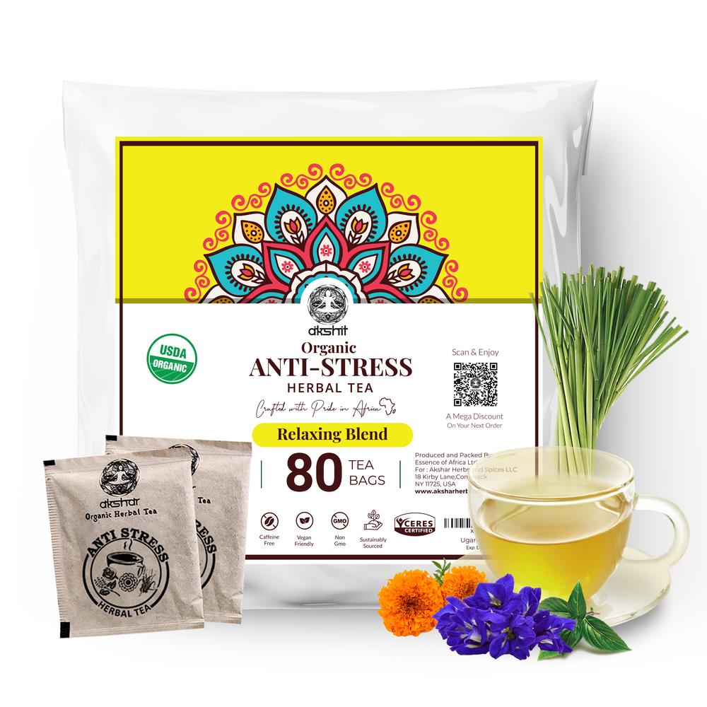
                  
                    Akshit Organic Anti-Stress Tea (80 Tea Bags), Tulsi Marigold Butterfly Pea Flower Lemongrass Tea Blend USDA Certified, Relax Tea, Caffeine-free, Non-GMO Soothing Tea.
                  
                