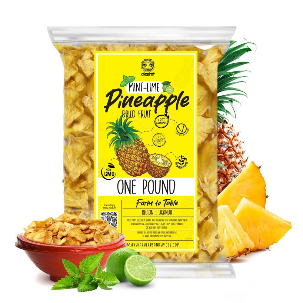 
                  
                    Akshar Dried Pineapple Slices, dry pineapple mint and lime, Dry Tropical Pineapple Chunks, Dehydrated Pineapple Fruit, Organic Dried Pineapple Healthy Snacks | Vegan | No Sugar Added | Gluten Free 1Lb
                  
                