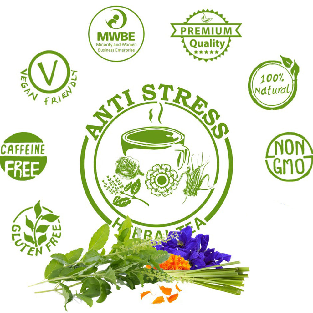 Akshit Anti Stress Organic Herbal tea  40 teabags - GLUTEN FREE - CAFFEINE FREE - VEGAN FRIENDLY - PREMIUM QUALITY - USDA ORGANIC - NON GMO - 100% NATURAL- Akshar herbs and spices