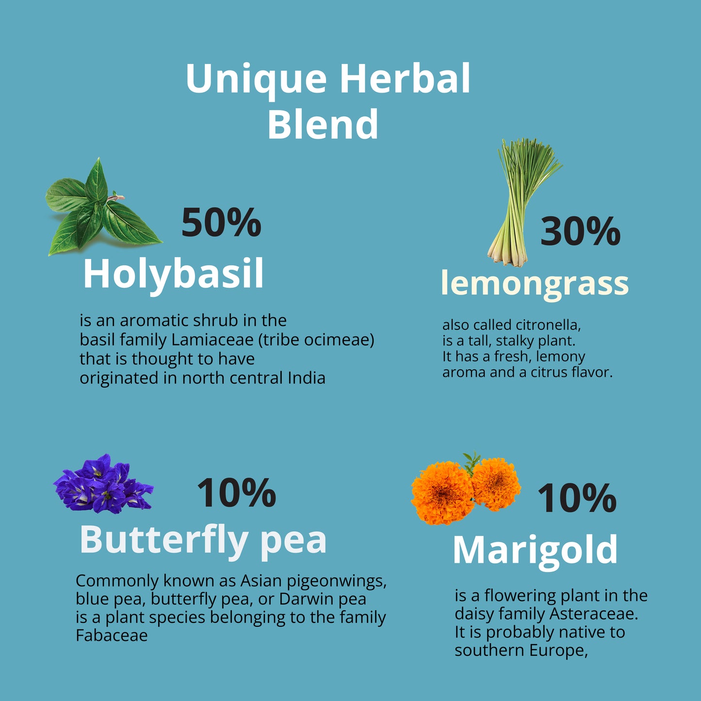 Unique Herbal Blend - 50% Holy basil , 30% Lemongrass  10% Butterfly Pea 10% Marigoldtulsi tea  stress relief tea bags  stress relief tea  Organic Tulsi leaves  organic stress tea  organic lemongrass tea  Marigold calendula flowers  dried Tulsi leaves tea  Clitoria ternatea flower tea  Calendula flower tea  butterfly pea flowers  anti-stress tea bags  anti-stress tea