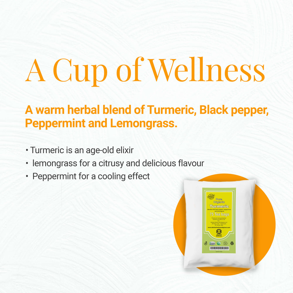 
                  
                    A cup of wellness : A warm herbal blend  of Turmeric , Black pepper , peppermint  and lemongrass. - turmeric is an age-old elixir - lemongrass for a citrusy and delicious flavour. - Peppermint for a cooling effect. Akshit Organic Turmeric Tea & Lemongrass Tea-75Tea Bags
                  
                