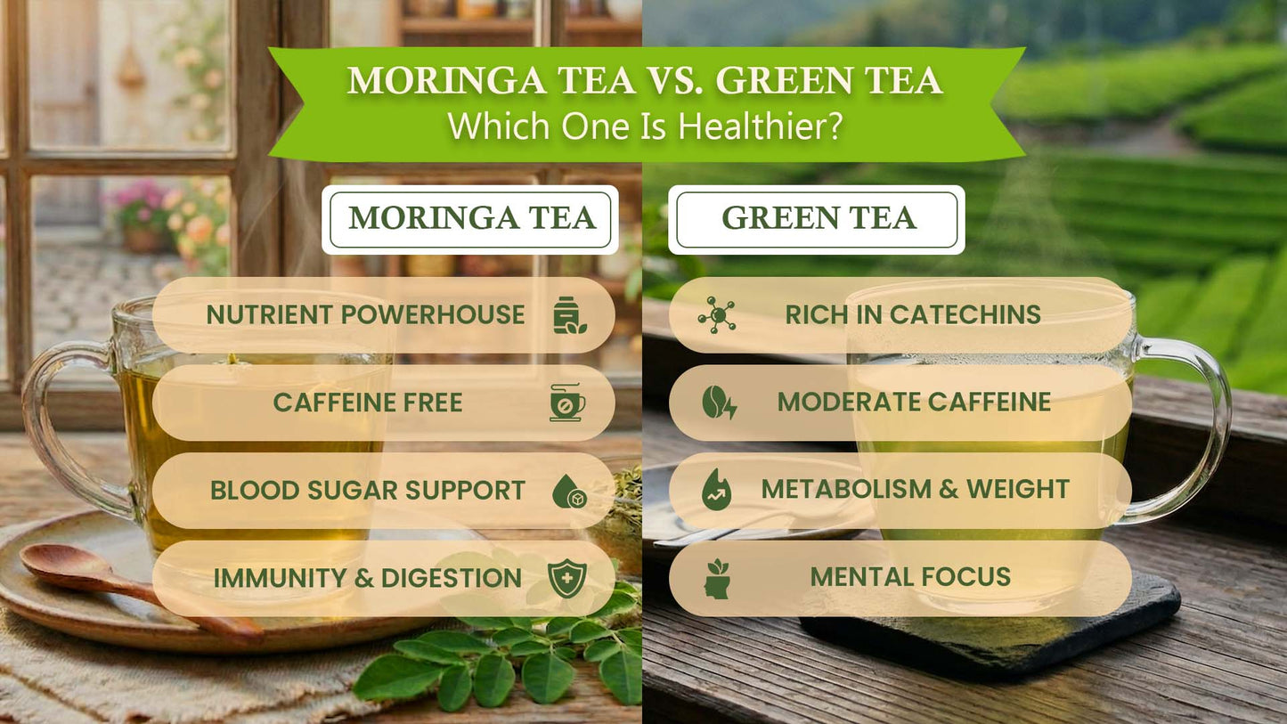 moringa tea vs green tea comparison showing health benefits caffeine levels metabolism and immunity support