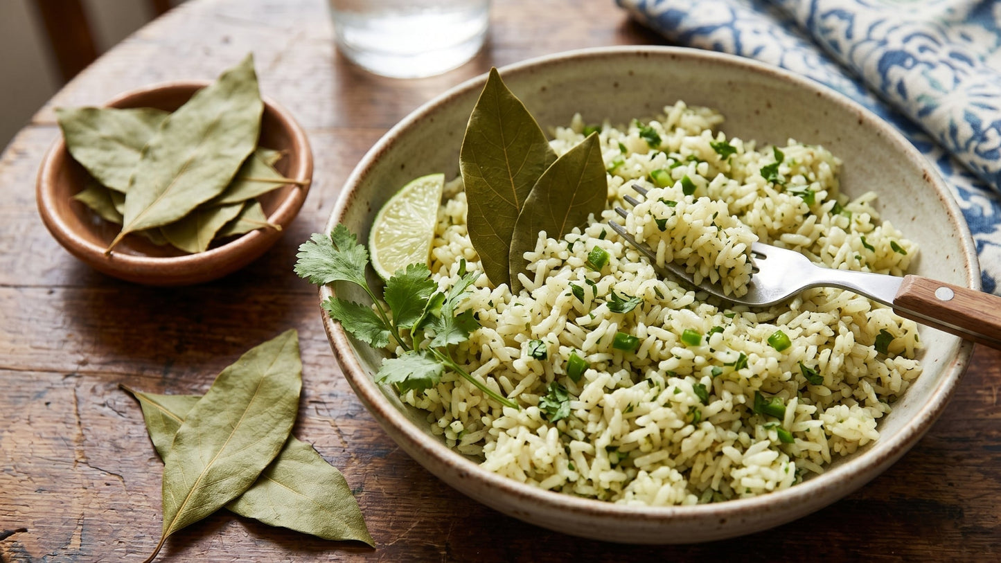 Light and flavorful herb rice with avocado leaf, perfect as a healthy side dish