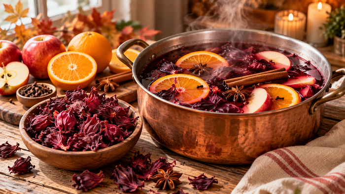 Fall simmer pot with dried hibiscus flowers, orange slices, apples, cinnamon sticks, cloves and star anise in a copper saucepan