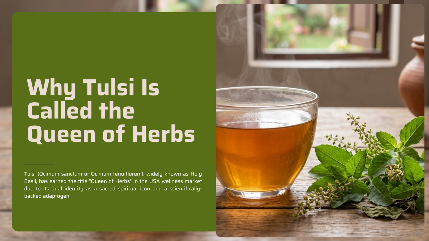 Tulsi tea with fresh holy basil leaves showing benefits of tulsi as queen of herbs