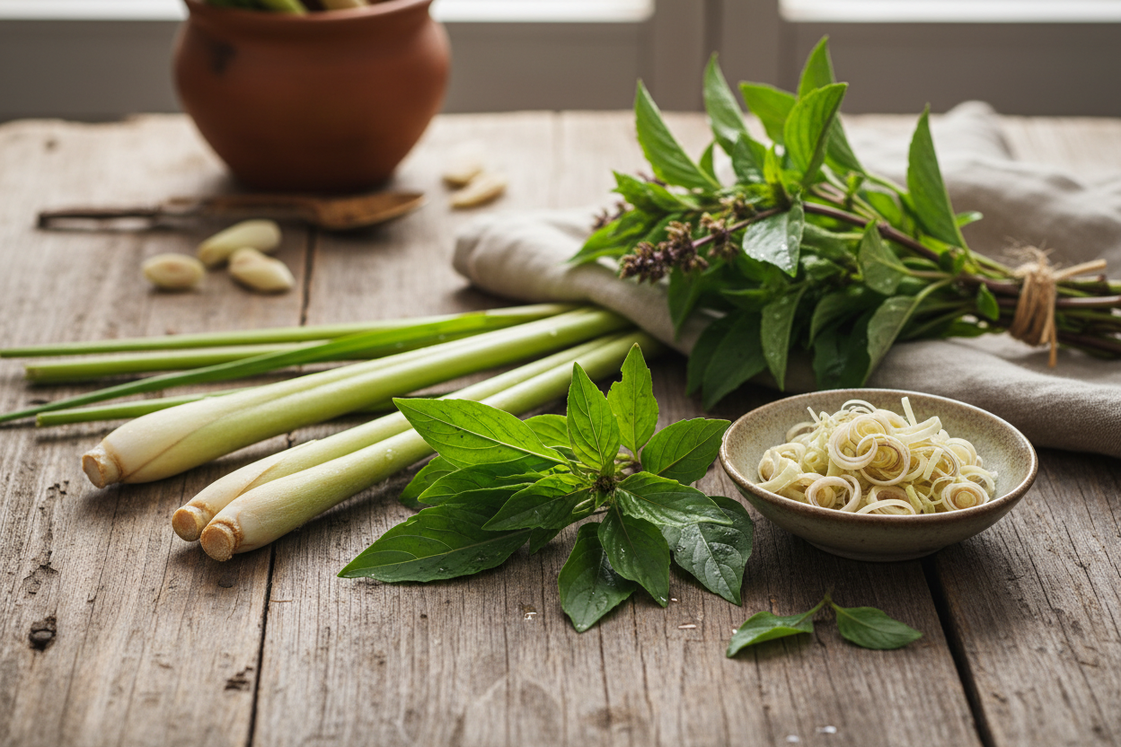 Holy Basil and Lemongrass herbal tea recipe made with loose leaf herbs for daily wellness