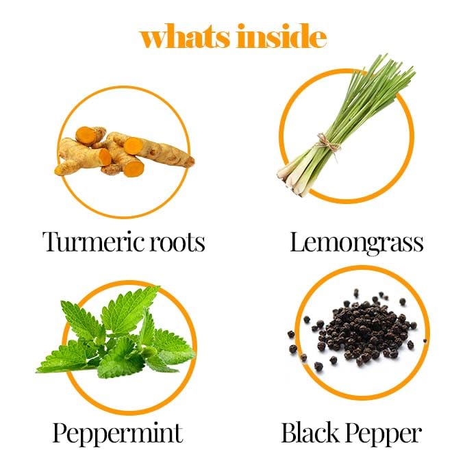whats iside. turmeric roots, lemon grass peppermint, black pepper. Akshit Organic Turmeric Tea & Lemongrass Tea-75Tea Bags