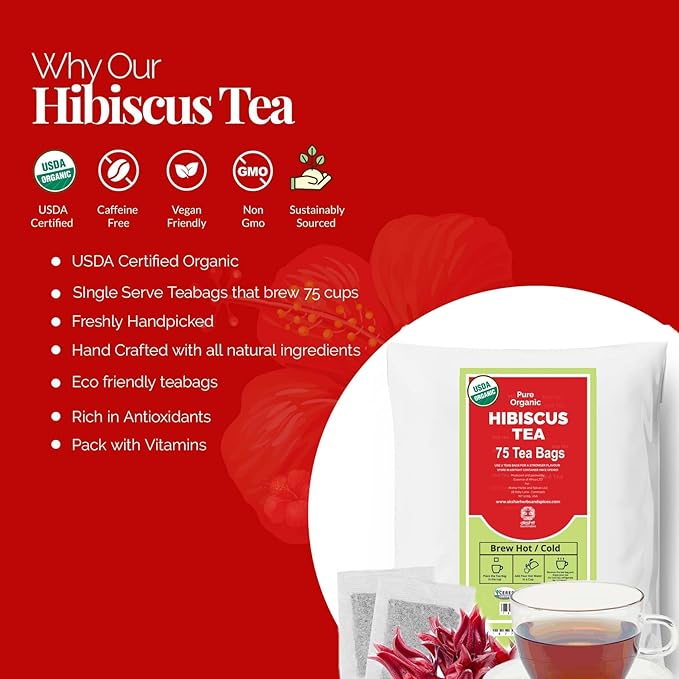 
                  
                    Akshit 75 Organic Hibiscus Tea Bags, Hibiscus Tea Blended  Moringa Leaves, Black Pepper, and  Eucalyptus Leaves, Caffeine Free, Hibiscus Tea Blend.
                  
                