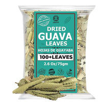 Packaged dried guava leaves with a teal label on a white background
