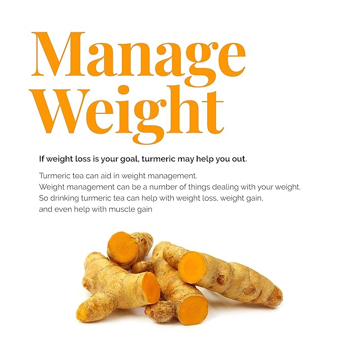 
                  
                    manage weight. if weight loss is your goal, turmeric may help you out. turmeric tea can aid in weight management. so drinking turmeric tea can help with weight loss, weight gain, and even help with muscle gain. Akshit Organic Turmeric Tea & Lemongrass Tea-75Tea Bags
                  
                