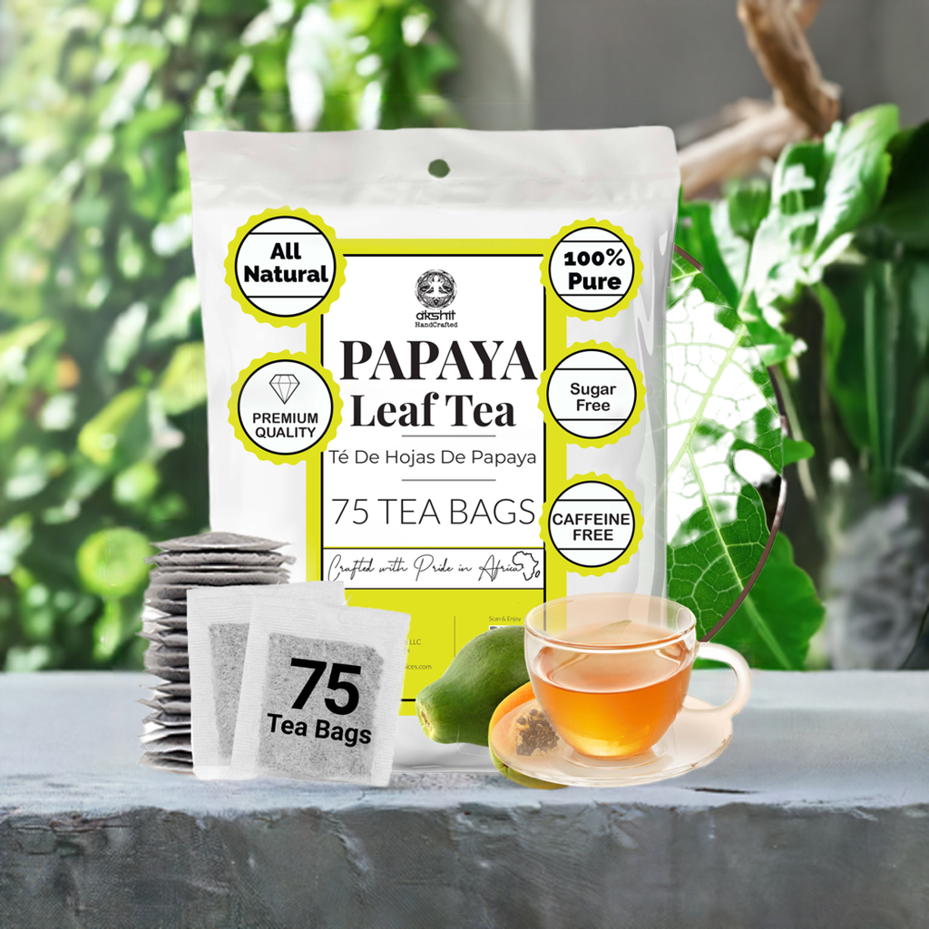 Papaya leaf tea package with tea bags and a cup of tea on a natural background. 

Papaya Leaf tea , Te De Hojas De Papaya 75 Tea Bags