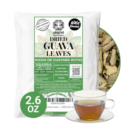 A package of Akshit Organic Dried Guava Leaves (Uganda) shown with a glass cup of brewed tea and a circular inset showing the dried leaf pieces.