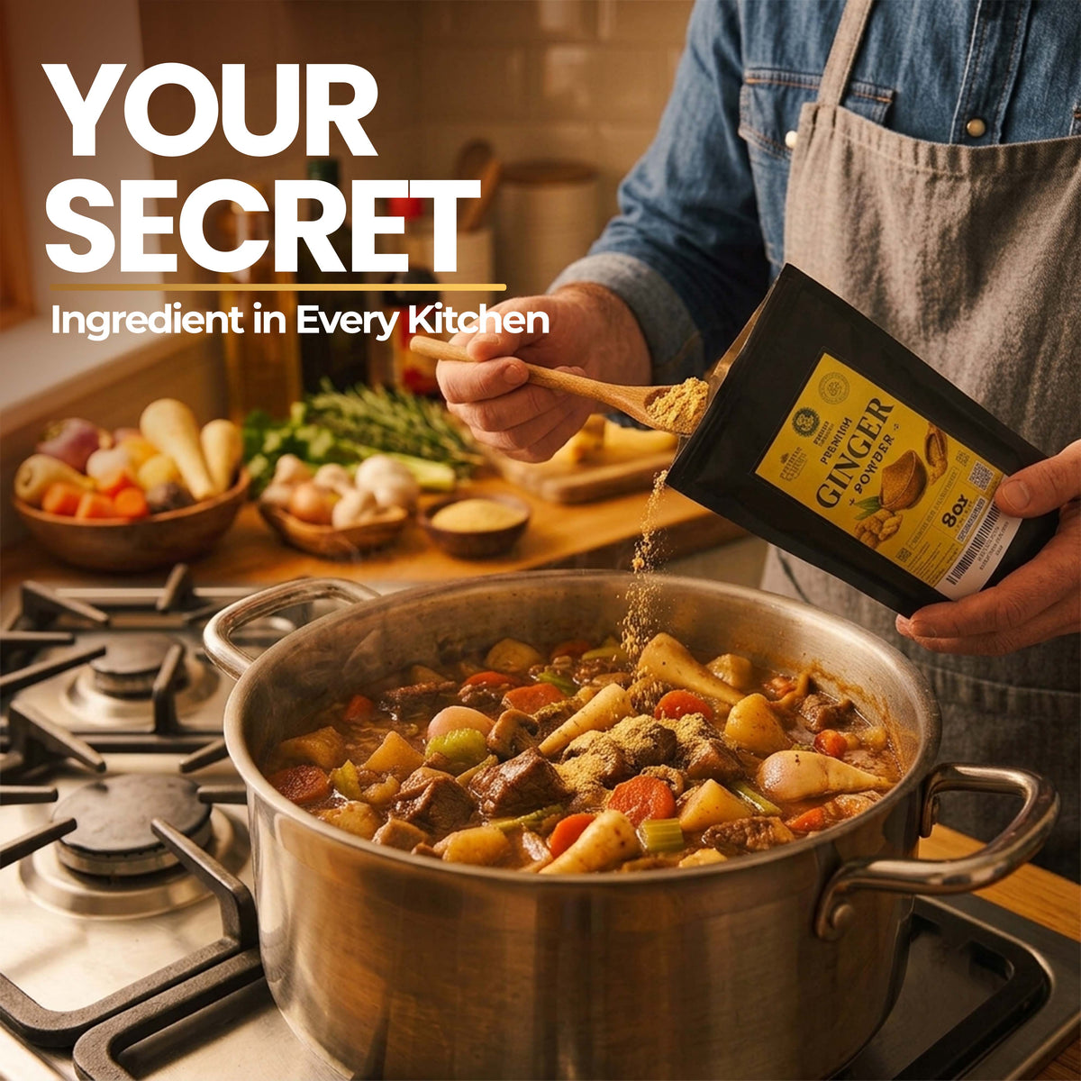 A person in a kitchen pours ginger powder from a black bag labeled 'Ginger' into a large pot of stew on a stove. Large text in the upper left reads 'YOUR SECRET Ingredient in Every Kitchen'.