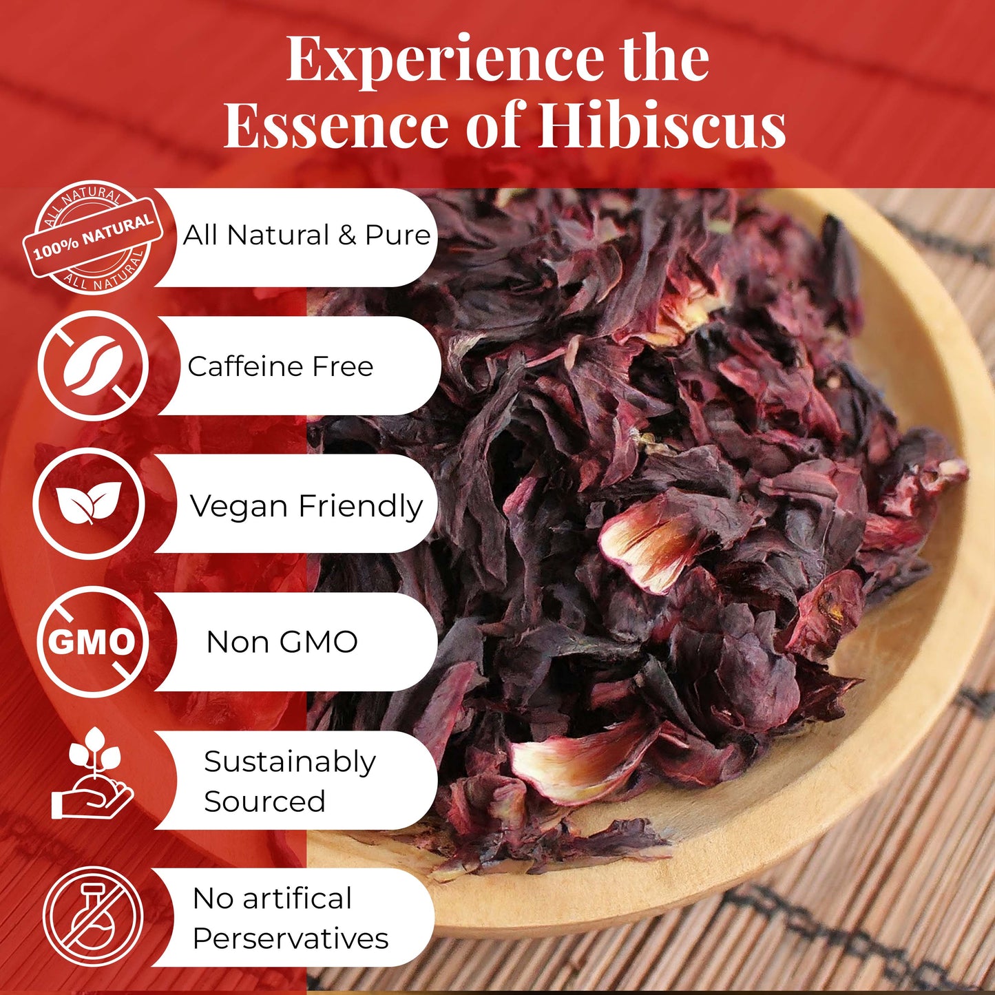 A bowl of 100% natural dried hibiscus flower
