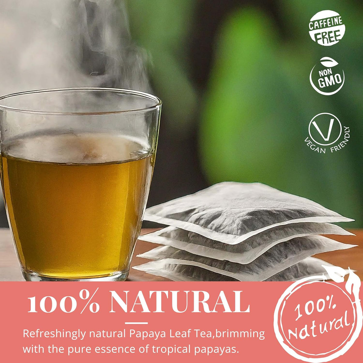 Papaya leaf tea in glass cup with tea bags 100 percent natural caffeine free vegan herbal drink for wellness and relaxation
