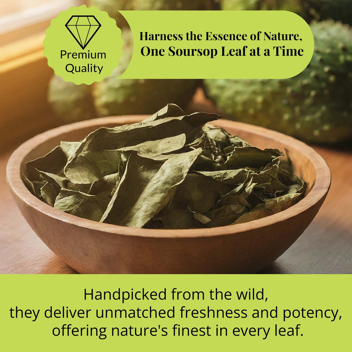 Dried soursop (graviola) leaves displayed in a wooden bowl, showing their natural texture for loose leaf herbal tea preparation.