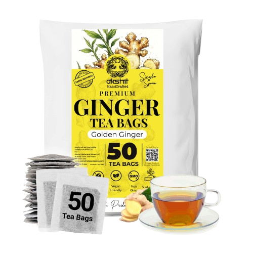 A package of Akshit Premium Ginger Tea Bags, featuring a white and yellow bag with illustrations of ginger root, alongside a stack of individual tea bags, loose ginger slices, and a glass cup of brewed ginger tea on a white background.