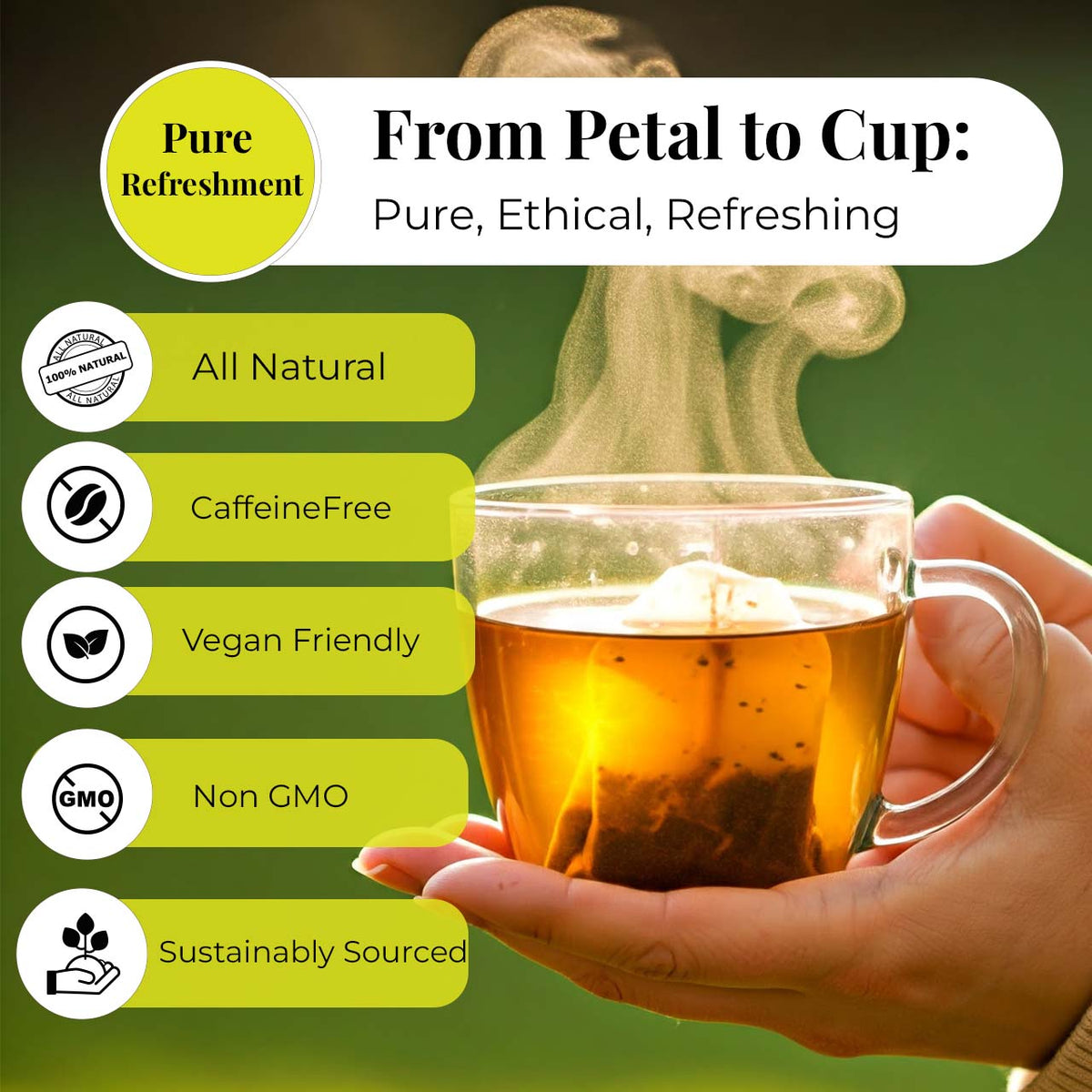 Herbal tea in glass cup with steam showing natural caffeine free vegan non GMO tea promoting wellness and relaxation

Pure Refreshment : From Petal to Cup : Pure, ethical , refreshing.

- All natural 
- Caffeine Free 
- Vegan Friendly
- Non GMO
- Sustainable Sourced  
