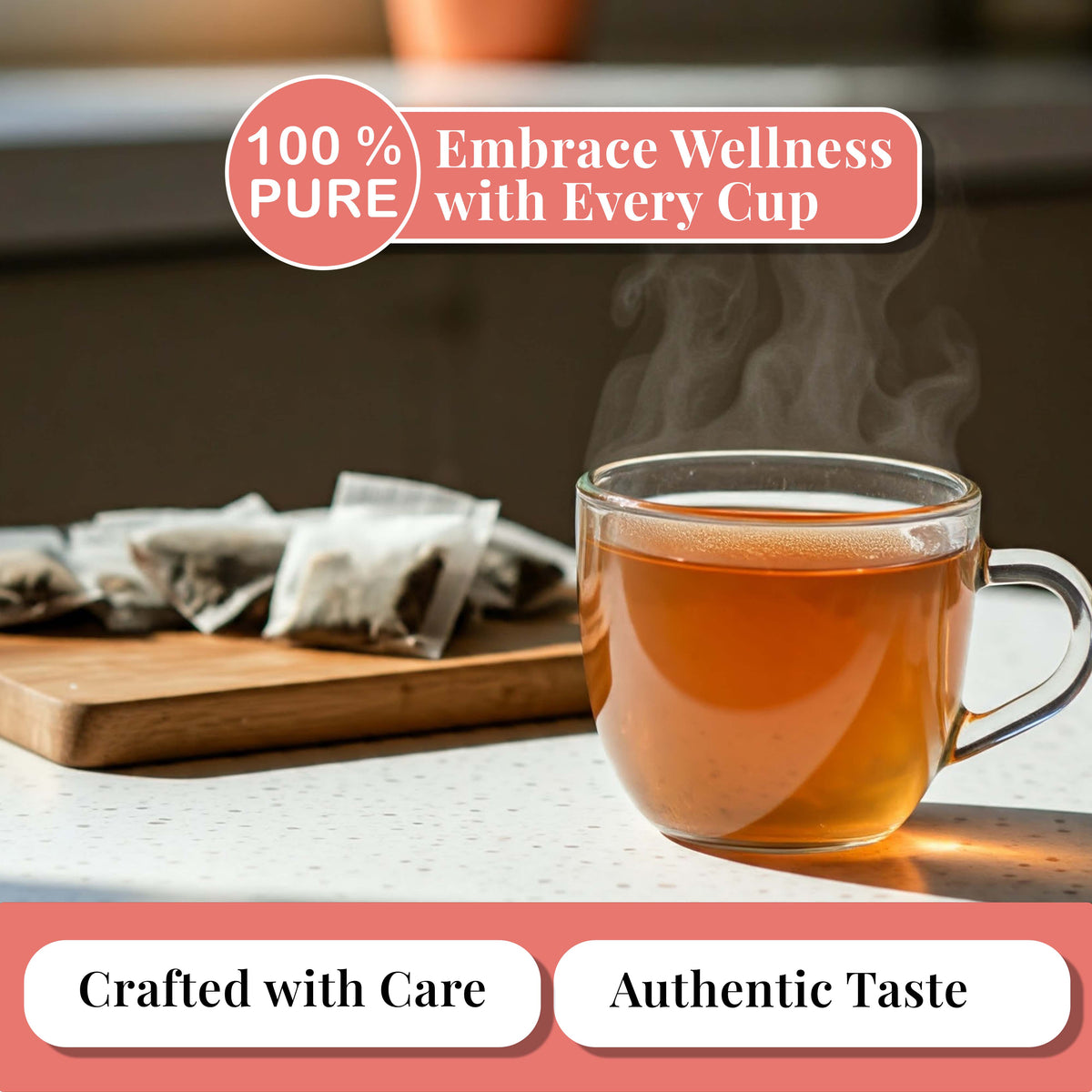 Steaming cup of guava leaf tea with tea bags in background, highlighting 100% pure herbal tea with authentic taste and crafted care