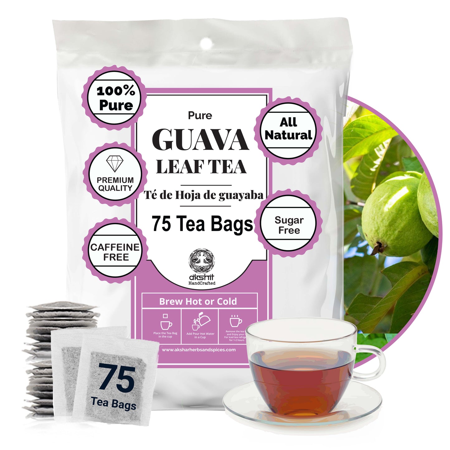A pack of Akshit 75 pure guava leaf tea bags ( Te de Hoja de guavaba)