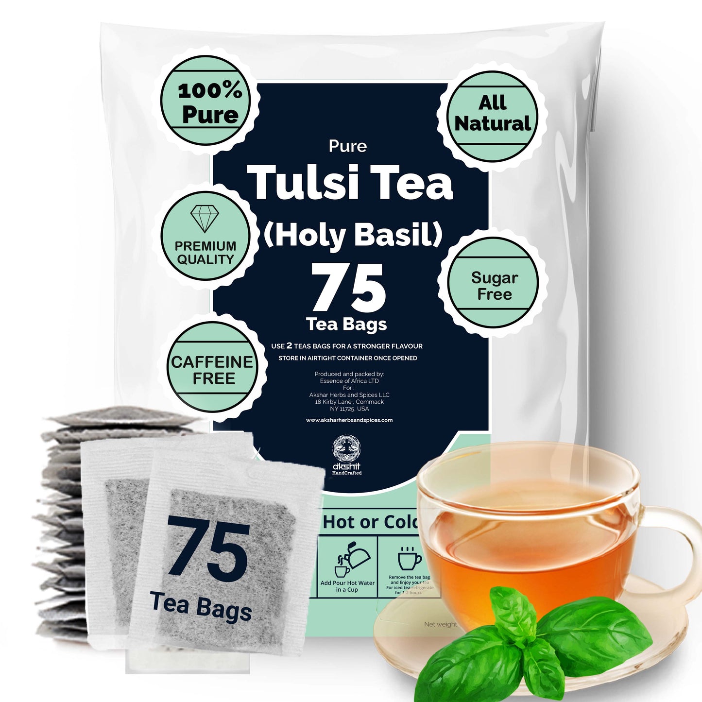 Package of Tulsi tea with tea bags and a cup of tea on a white background. askhar herbs and spices.