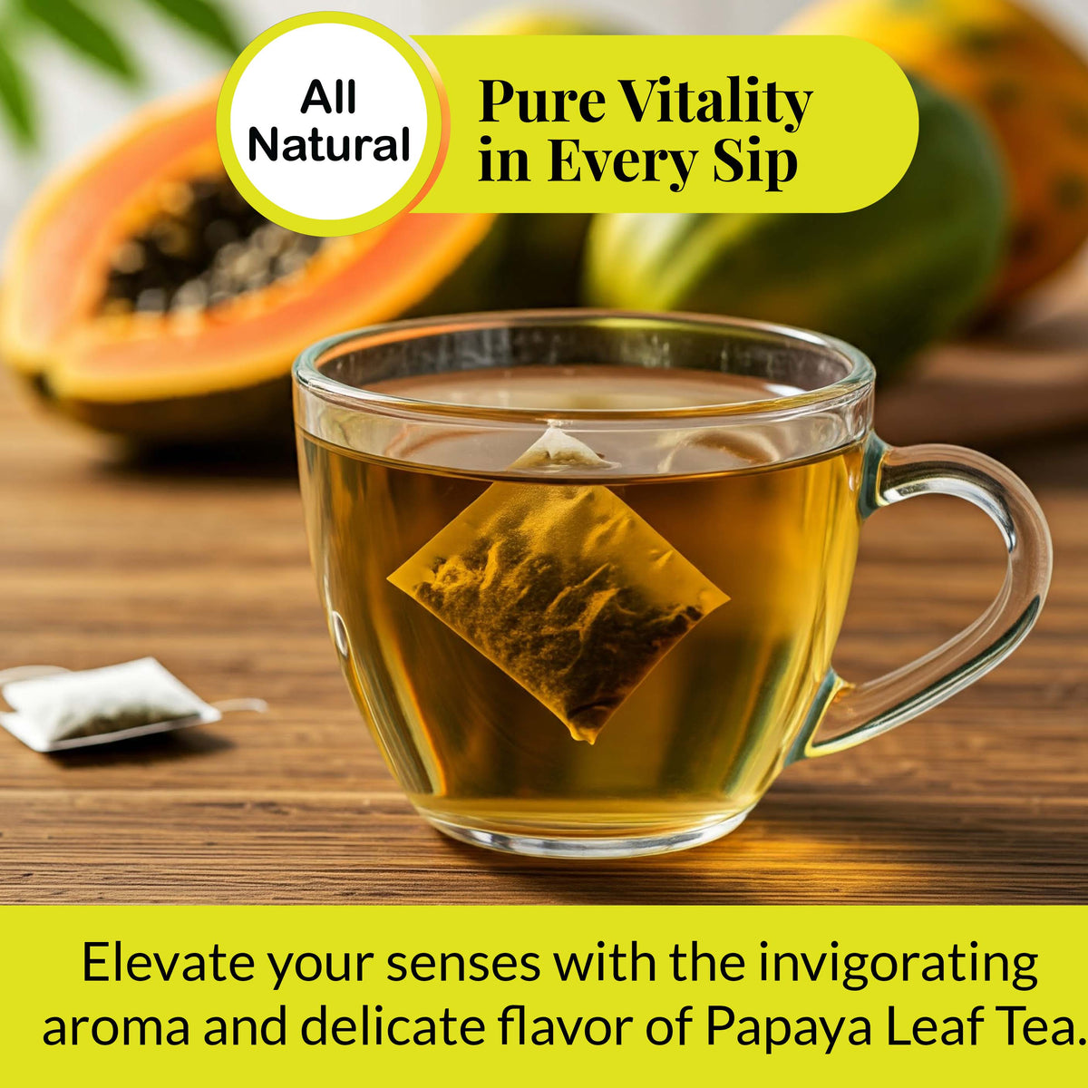 Papaya leaf tea in glass cup with tea bag all natural herbal drink promoting vitality wellness digestion and natural health