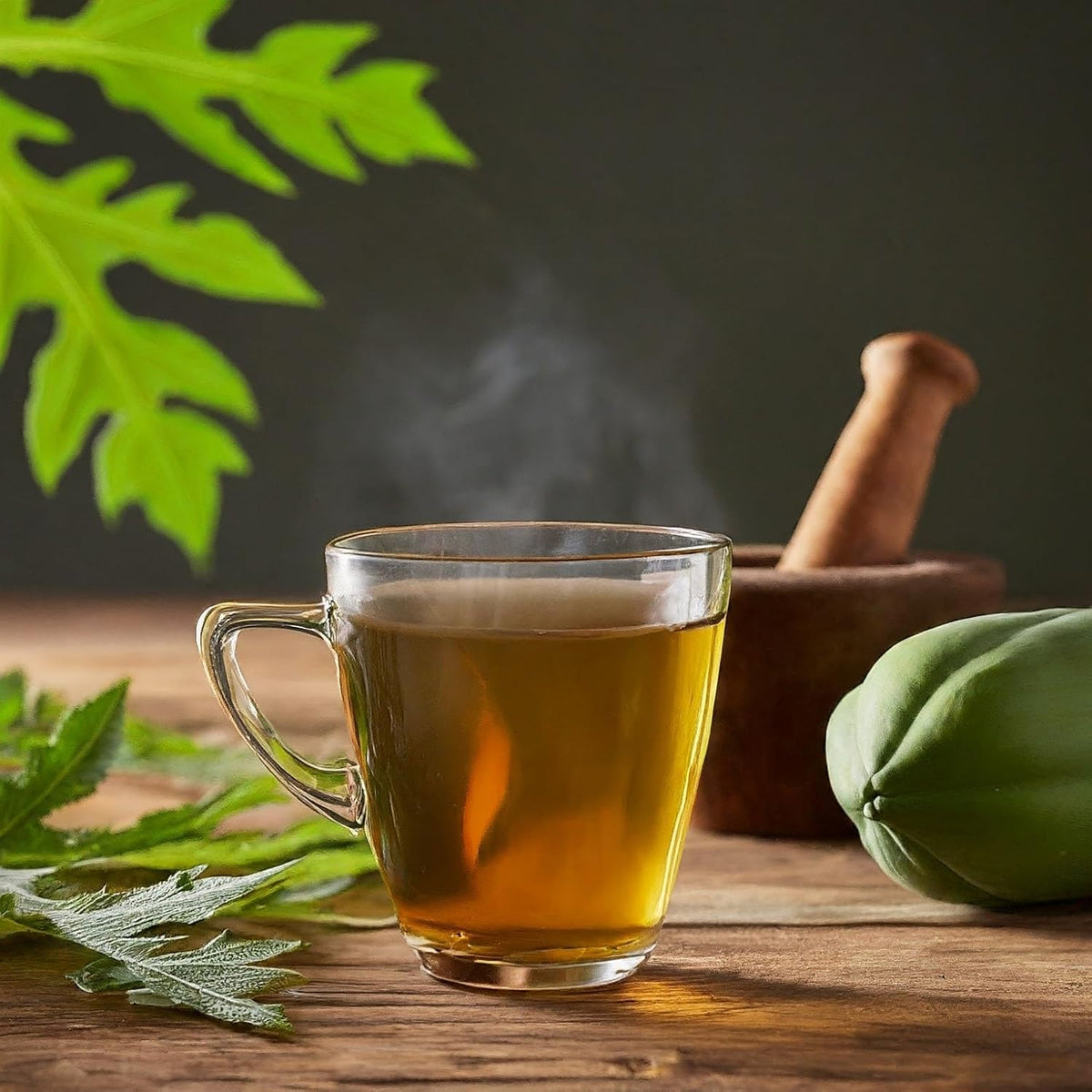 Papaya leaf tea in glass cup with fresh leaves and papaya fruit herbal drink promoting wellness digestion and natural health