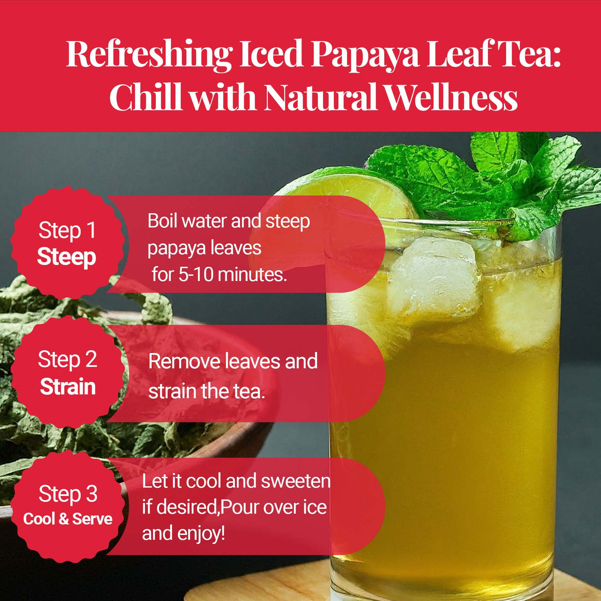 Iced papaya leaf tea with mint and lemon, refreshing herbal drink, showing steps to brew, strain, cool, and serve naturally