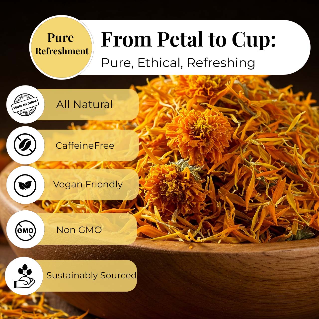 from petal to cup of dried marigold flower