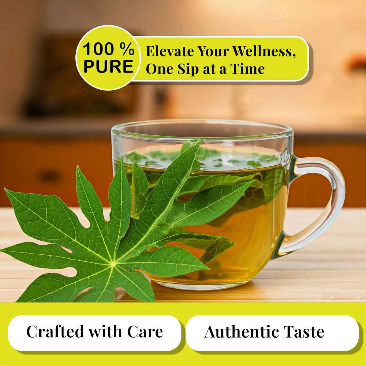 Papaya leaf tea in glass cup with fresh leaves 100 percent pure herbal tea promoting wellness natural health and authentic taste