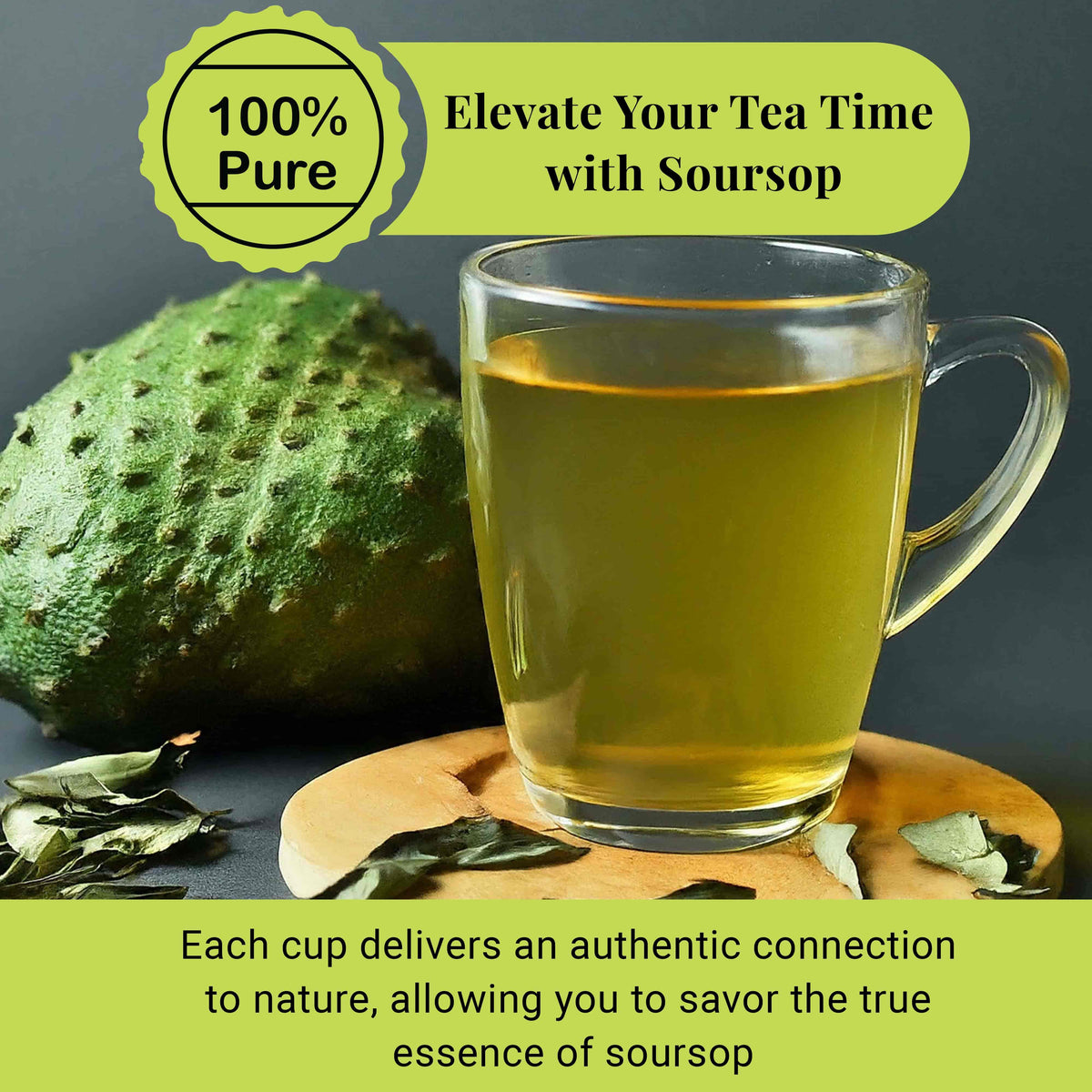 Warm soursop (graviola) leaf herbal tea served in a clear glass mug with fresh soursop fruit and dried leaves.