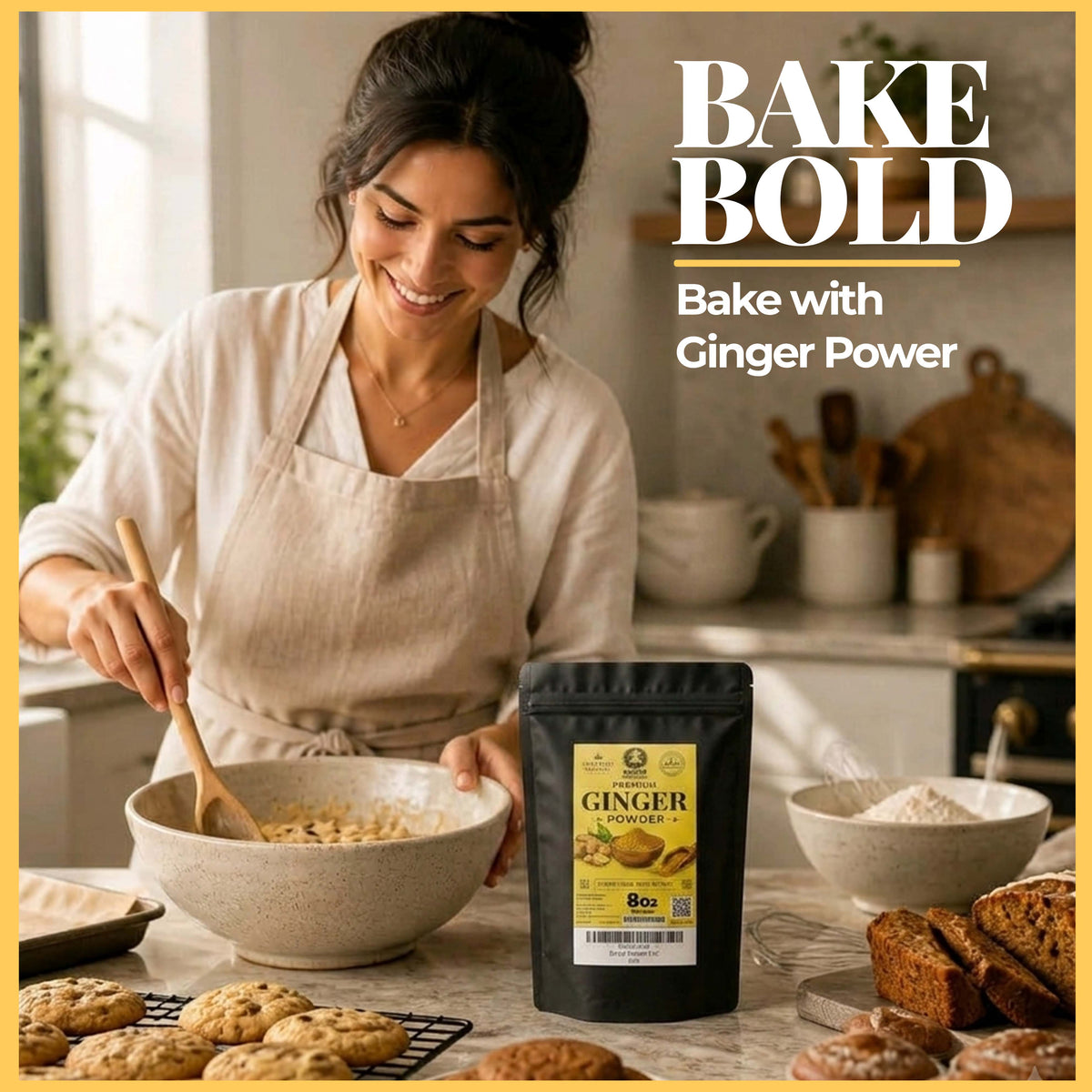 A woman in a kitchen wearing an apron and stirring a bowl while holding a black stand-up pouch labeled Ginger. The scene includes baked cookies and bread on a counter, with large overlaid text reading “BAKE BOLD” and “Bake with Ginger Power.