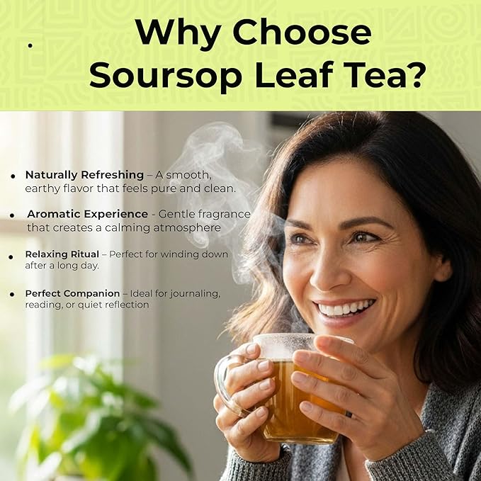 Woman enjoying a warm cup of Akshit Soursop Leaf Herbal Tea in a cozy setting.