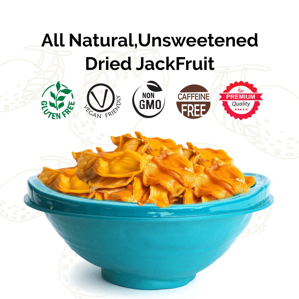 'Gluten-Free,' 'Vegan-Friendly,' 'Non-GMO' labeled unsweetened healthy and organic dried jackfruit slices