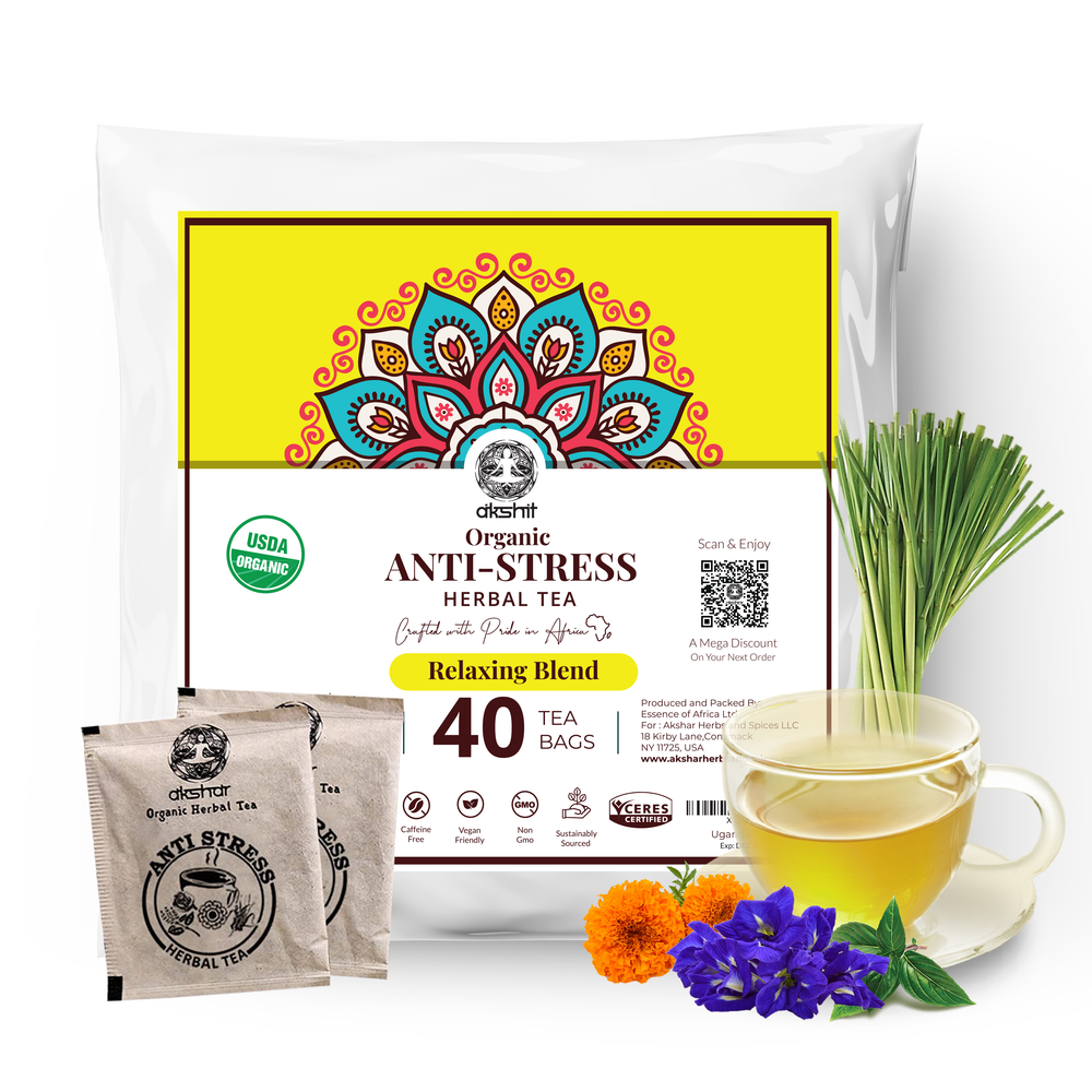 Organic Anti Stress Tea (40 Tea Bags) Tulsi Marigold Calendula Flowers Butterfly Pea Flowers Lemongrass Tea, Relax Tea, Stress Relief Tea, Caffeine-free, Non-GMO, & USDA Certified.