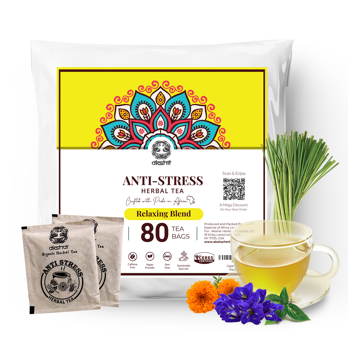 
                  
                    Akshit Organic Anti-Stress Tea (80 Tea Bags), Tulsi Marigold Butterfly Pea Flower Lemongrass Tea Blend USDA Certified, Relax Tea, Caffeine-free, Non-GMO Soothing Tea.
                  
                