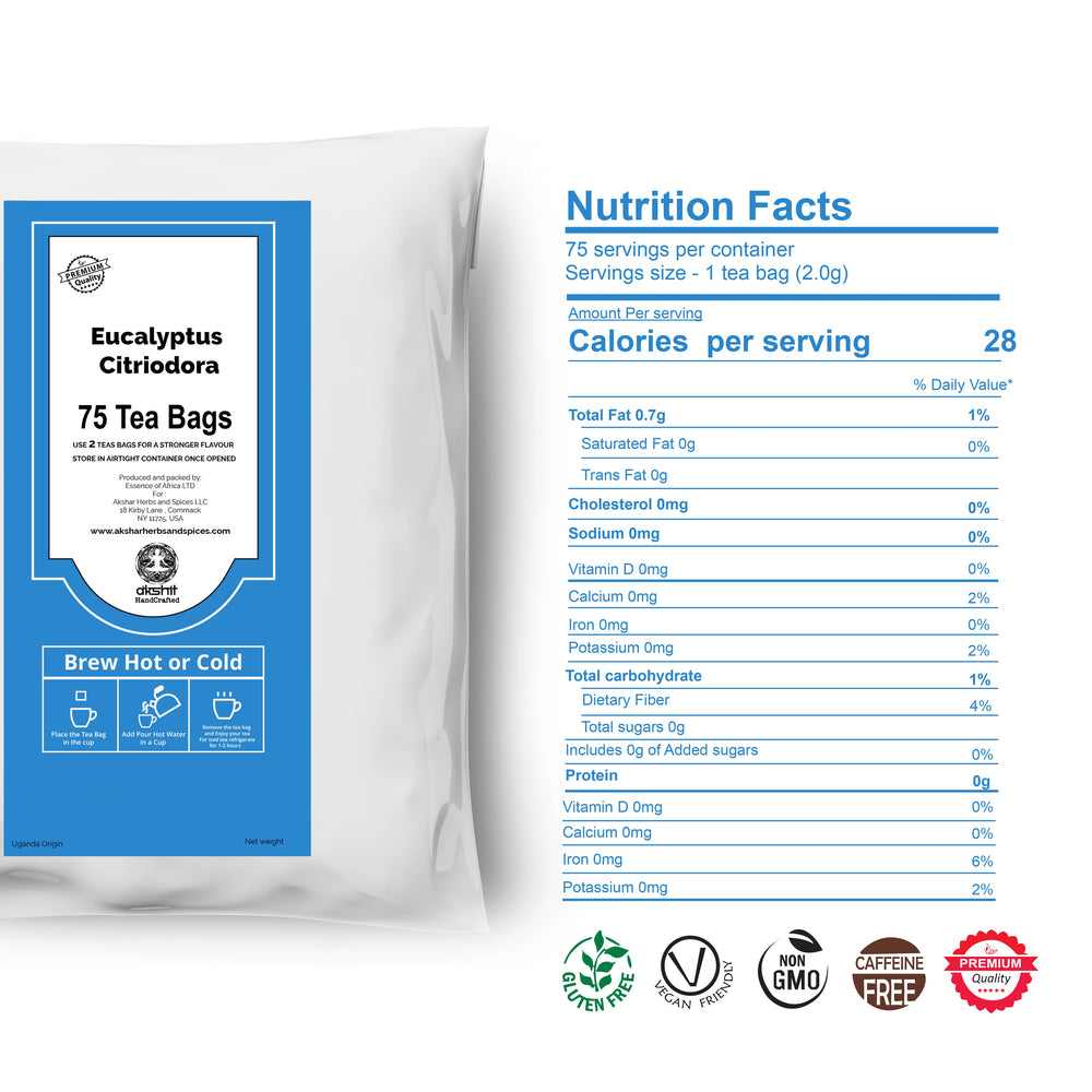 Eucalyptus Leaf Tea Bags Nutritional chart, eucalipto organico puro hojas eucalyptus tea organic eucalyptus leaves organic non gmo eucalyptus tea Sugar-Free Caffeine-Free