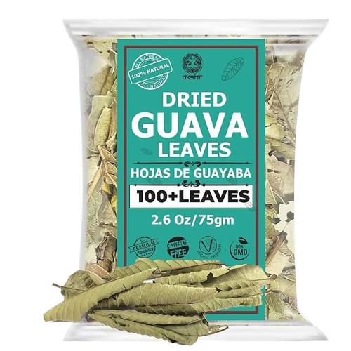 A clear plastic bag of dried guava leaves with a large teal label reading 'DRIED GUAVA LEAVES' and '100+LEAVES'. The bag contains pale tan dried leaves, and several leaves are shown spilling out from the bottom against a plain white background.