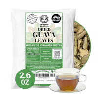 A package of Akshit Organic Dried Guava Leaves (Uganda) shown with a glass cup of brewed tea and a circular inset showing the dried leaf pieces.