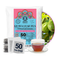 Guava leaf tea 50 tea bags pack with herbal tea cup and fresh guava leaves, natural wellness tea product