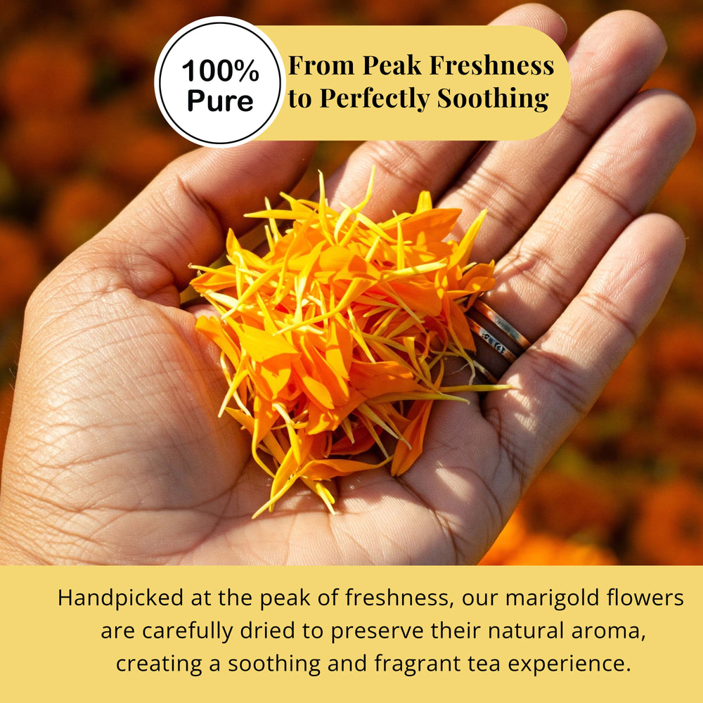 
                  
                    100% pure handpicked dried marigold flower petels
                  
                