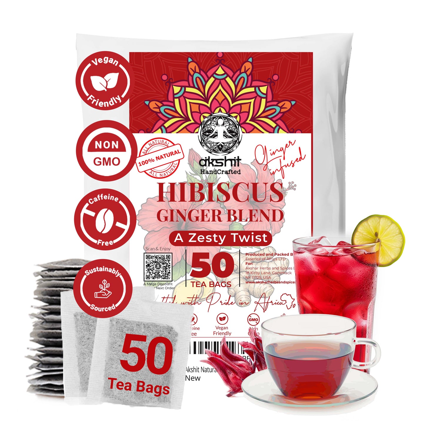 Hibiscus ginger tea blend pack with tea bags cup and iced drink caffeine free vegan non GMO refreshing herbal beverage