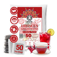 Hibiscus ginger tea blend pack with tea bags cup and iced drink caffeine free vegan non GMO refreshing herbal beverage
