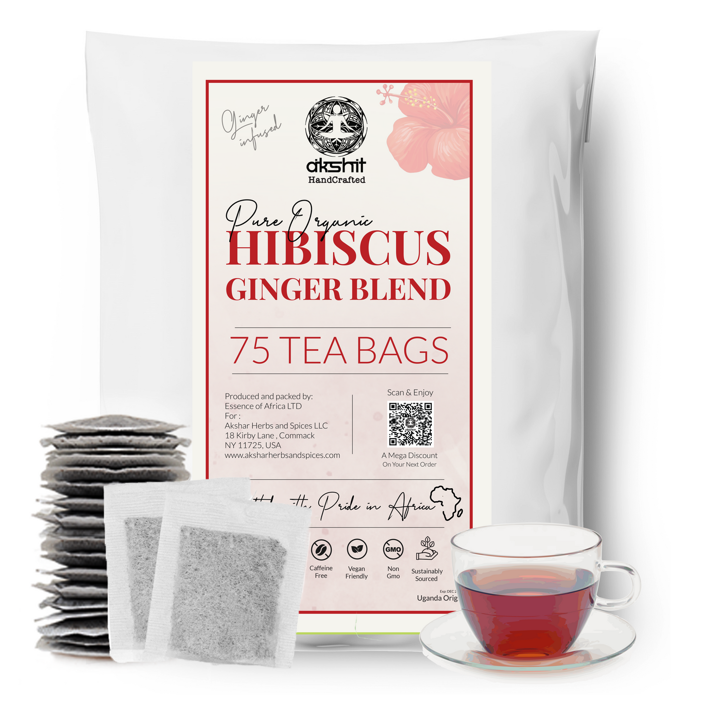 pure organic hibiscus ginger blend 75 tea bag. Akshit 75 Organic Hibiscus Tea Bags, Blend of Ginger and Hibiscus